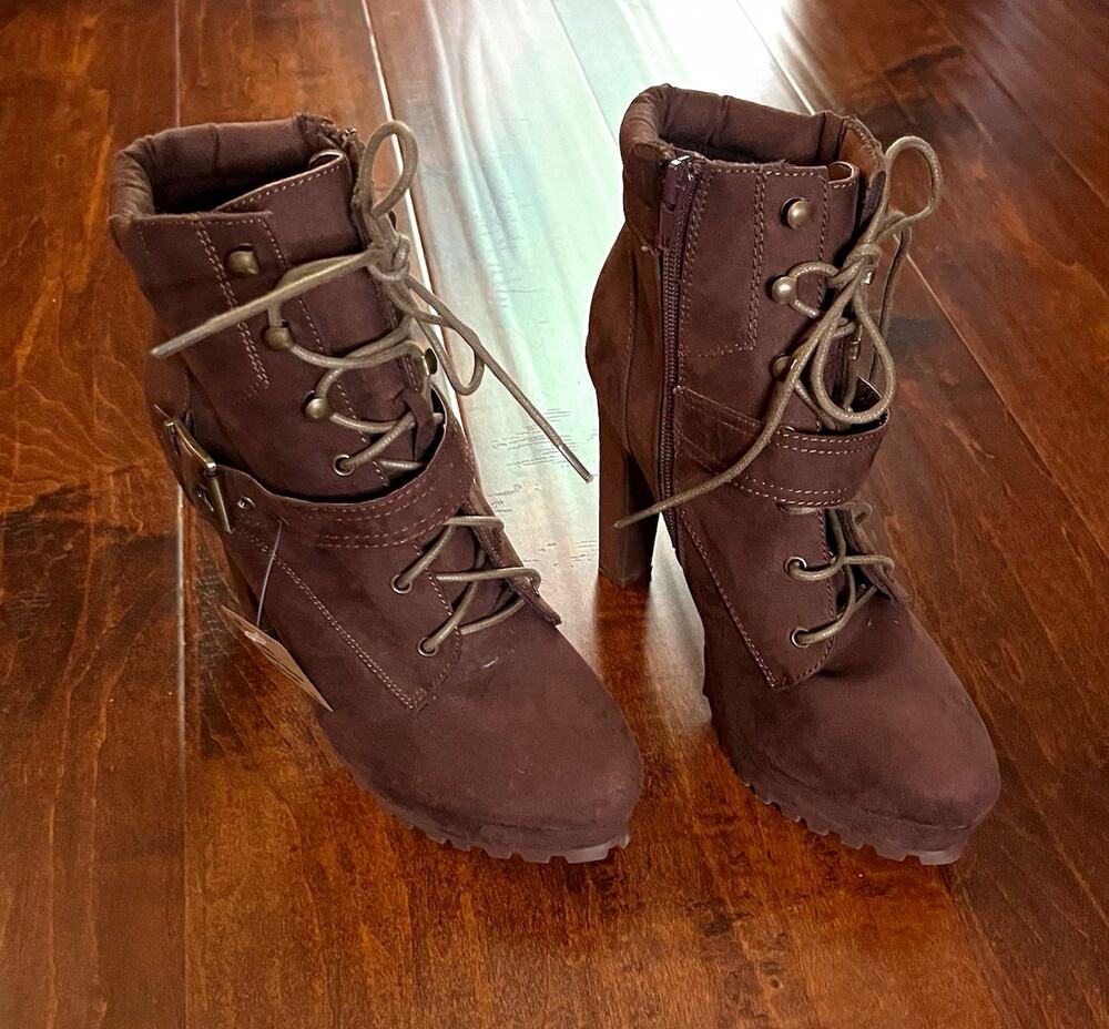 Just Fab Cady Brown Ankle Bootie US 8.5 EU 39 Lace-Up Side Zip Buckle